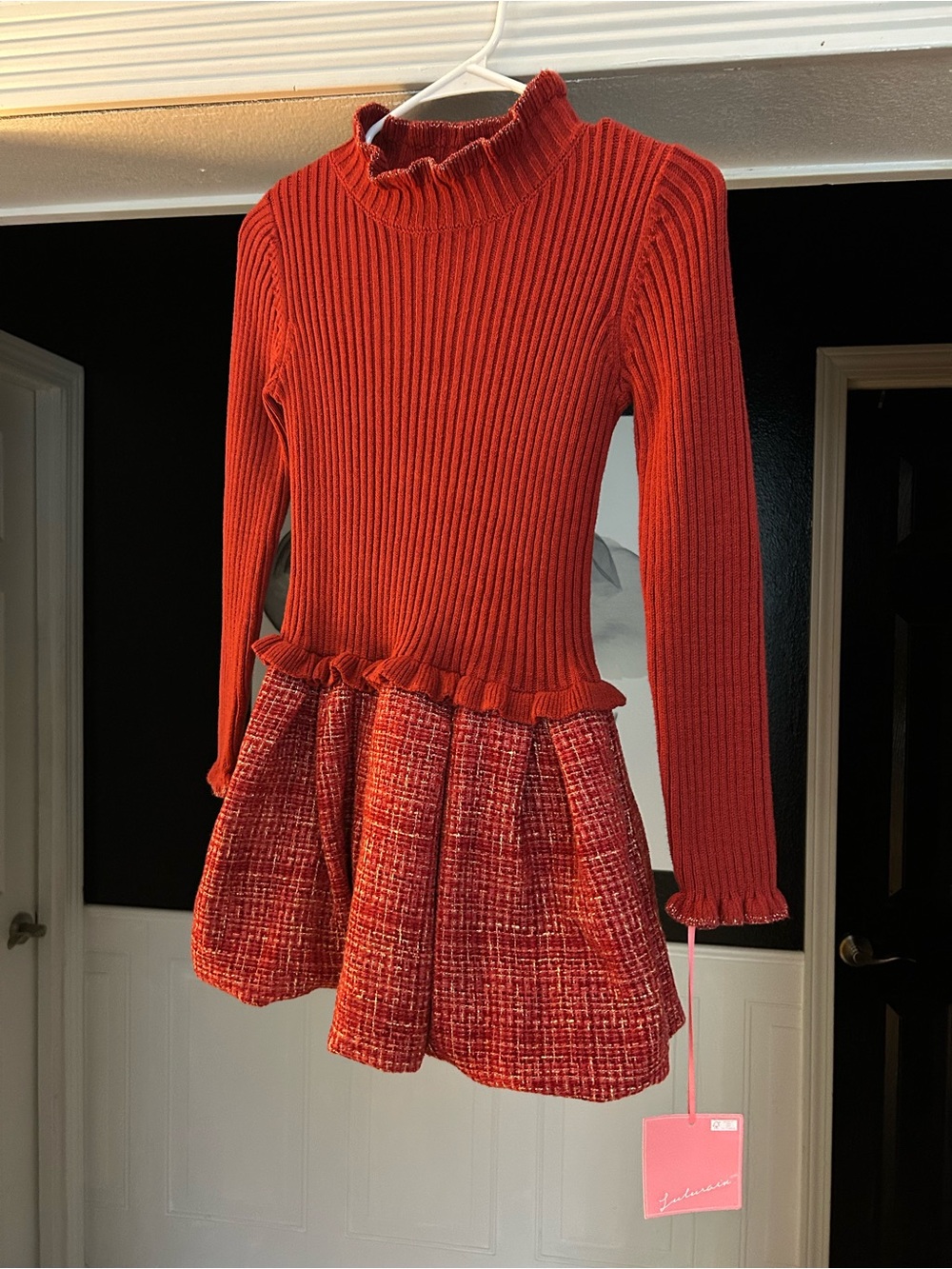 LuluRain Red Ribbed Knit Peplum Dress with Tweed Skirt
